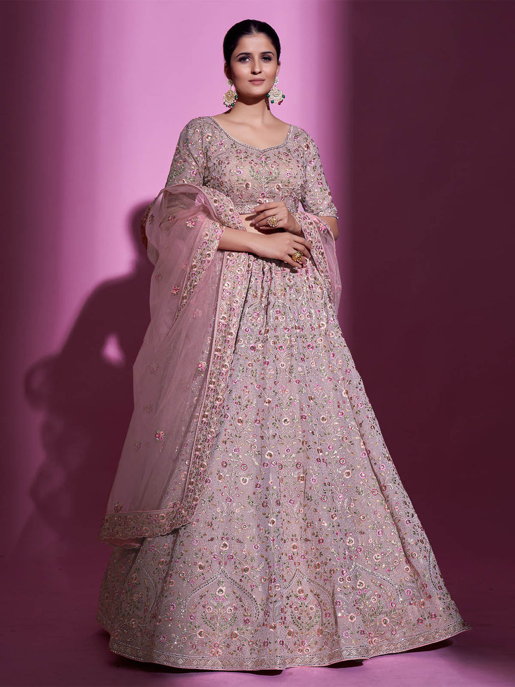 Peach Georgette Embroidered Semi Stitched Lehenga With Unstitched Blouse Clothsvilla