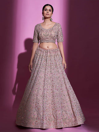 Peach Georgette Embroidered Semi Stitched Lehenga With Unstitched Blouse Clothsvilla