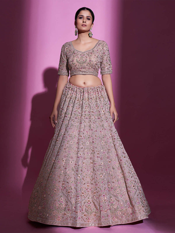 Peach Georgette Embroidered Semi Stitched Lehenga With Unstitched Blouse Clothsvilla