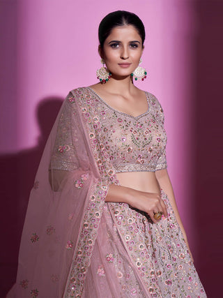 Peach Georgette Embroidered Semi Stitched Lehenga With Unstitched Blouse Clothsvilla