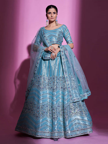 Blue Silk Blend Embroidered Semi Stitched Lehenga With Unstitched Blouse Clothsvilla