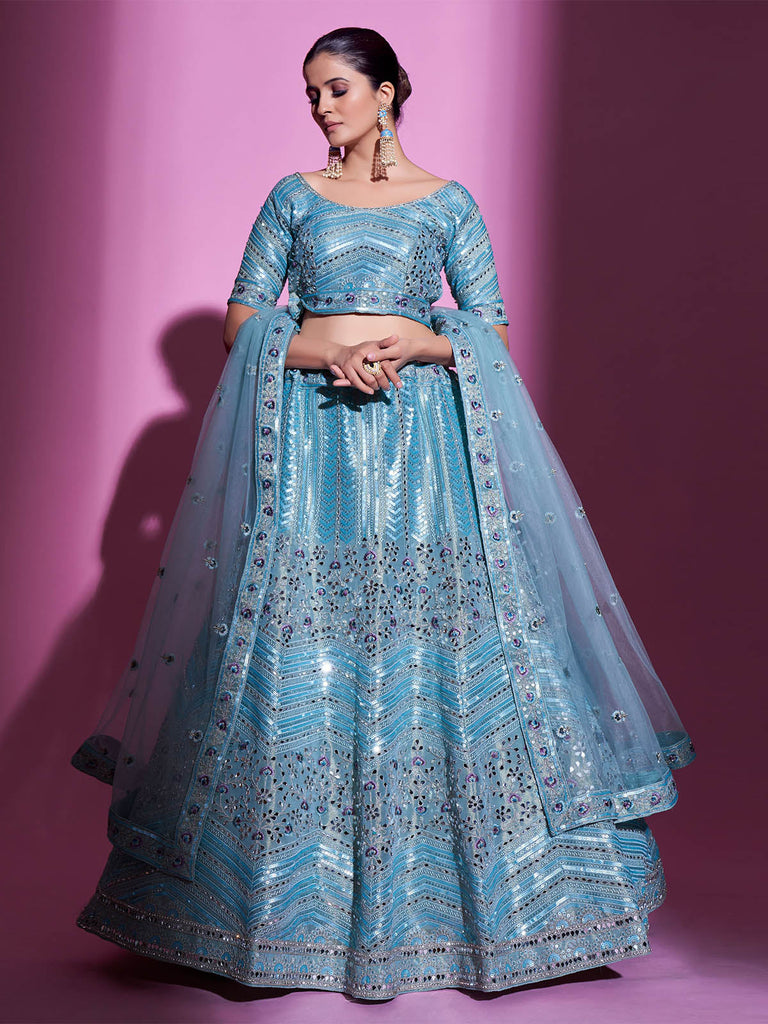 Blue Silk Blend Embroidered Semi Stitched Lehenga With Unstitched Blouse Clothsvilla