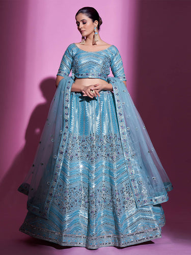 Blue Silk Blend Embroidered Semi Stitched Lehenga With Unstitched Blouse Clothsvilla