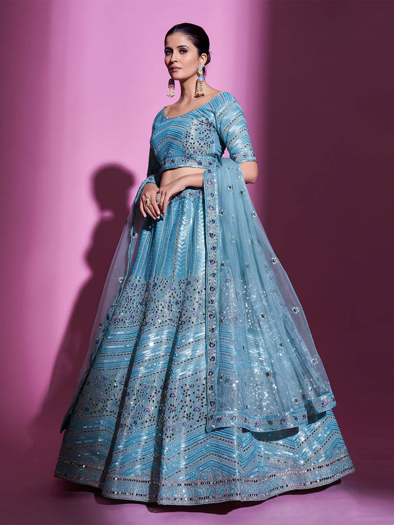 Blue Silk Blend Embroidered Semi Stitched Lehenga With Unstitched Blouse Clothsvilla