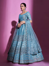 Load image into Gallery viewer, Blue Silk Blend Embroidered Semi Stitched Lehenga With Unstitched Blouse Clothsvilla