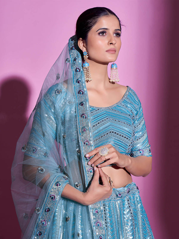 Blue Silk Blend Embroidered Semi Stitched Lehenga With Unstitched Blouse Clothsvilla