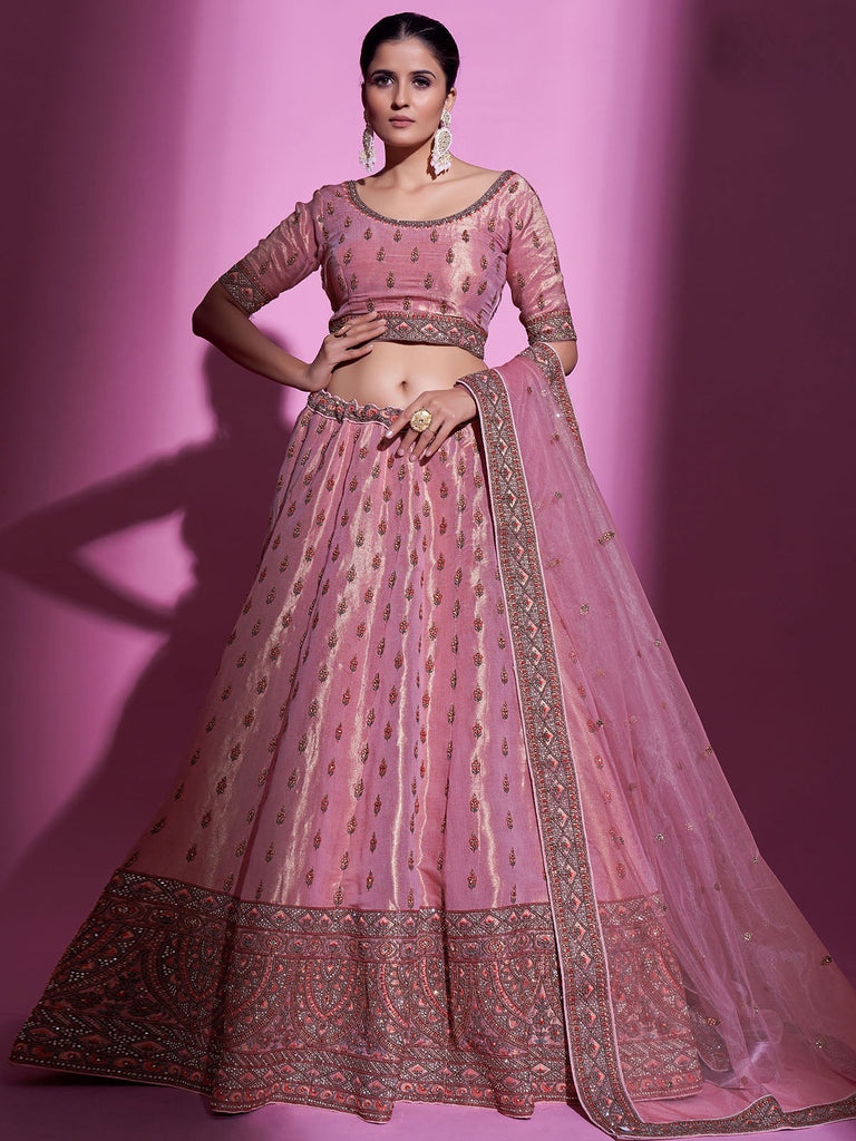 Pink Silk Blend Semi Stitched Lehenga With Unstitched Blouse Clothsvilla