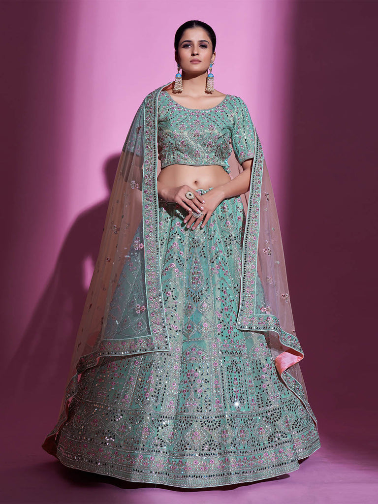 Sea Green Silk Blend Embroidered Semi Stitched Lehenga With Unstitched Blouse Clothsvilla