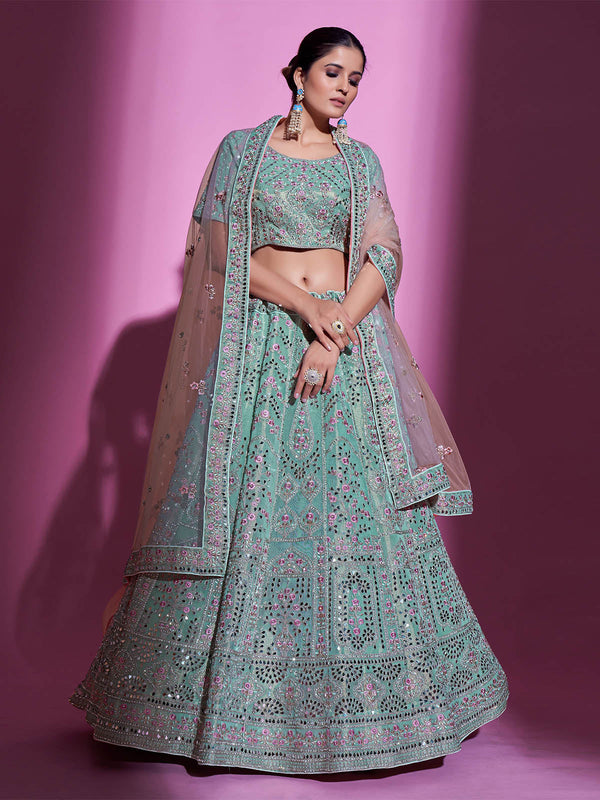 Sea Green Silk Blend Embroidered Semi Stitched Lehenga With Unstitched Blouse Clothsvilla