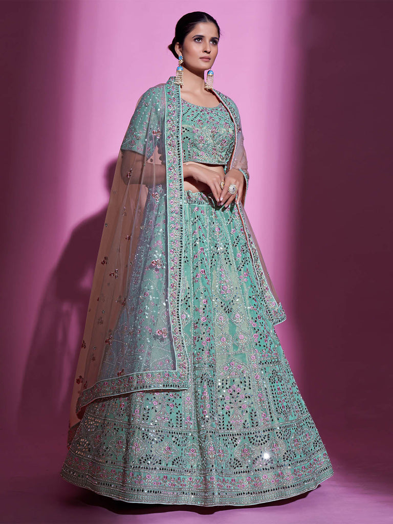 Sea Green Silk Blend Embroidered Semi Stitched Lehenga With Unstitched Blouse Clothsvilla