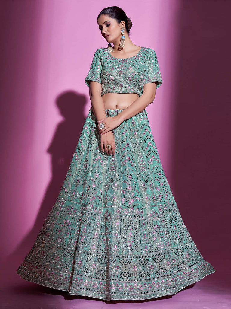 Sea Green Silk Blend Embroidered Semi Stitched Lehenga With Unstitched Blouse Clothsvilla