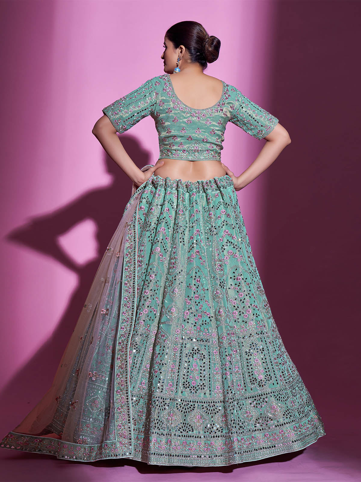 Sea Green Silk Blend Embroidered Semi Stitched Lehenga With Unstitched Blouse Clothsvilla