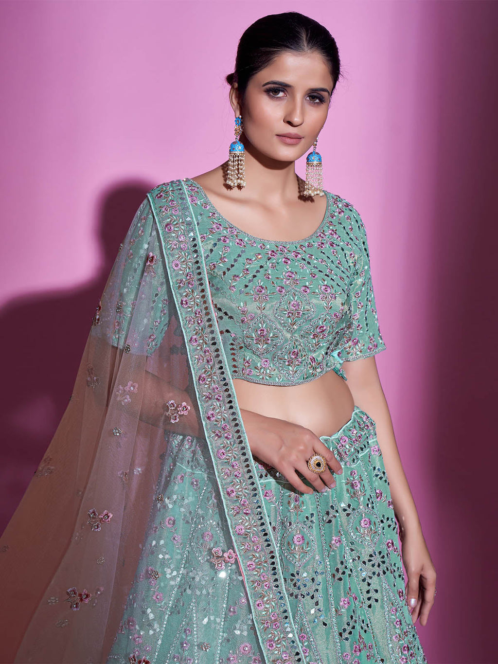 Sea Green Silk Blend Embroidered Semi Stitched Lehenga With Unstitched Blouse Clothsvilla