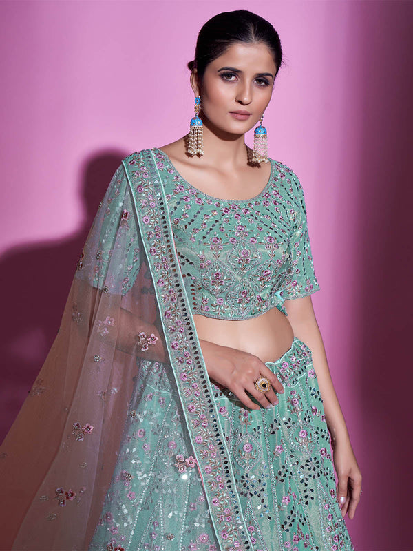 Sea Green Silk Blend Embroidered Semi Stitched Lehenga With Unstitched Blouse Clothsvilla