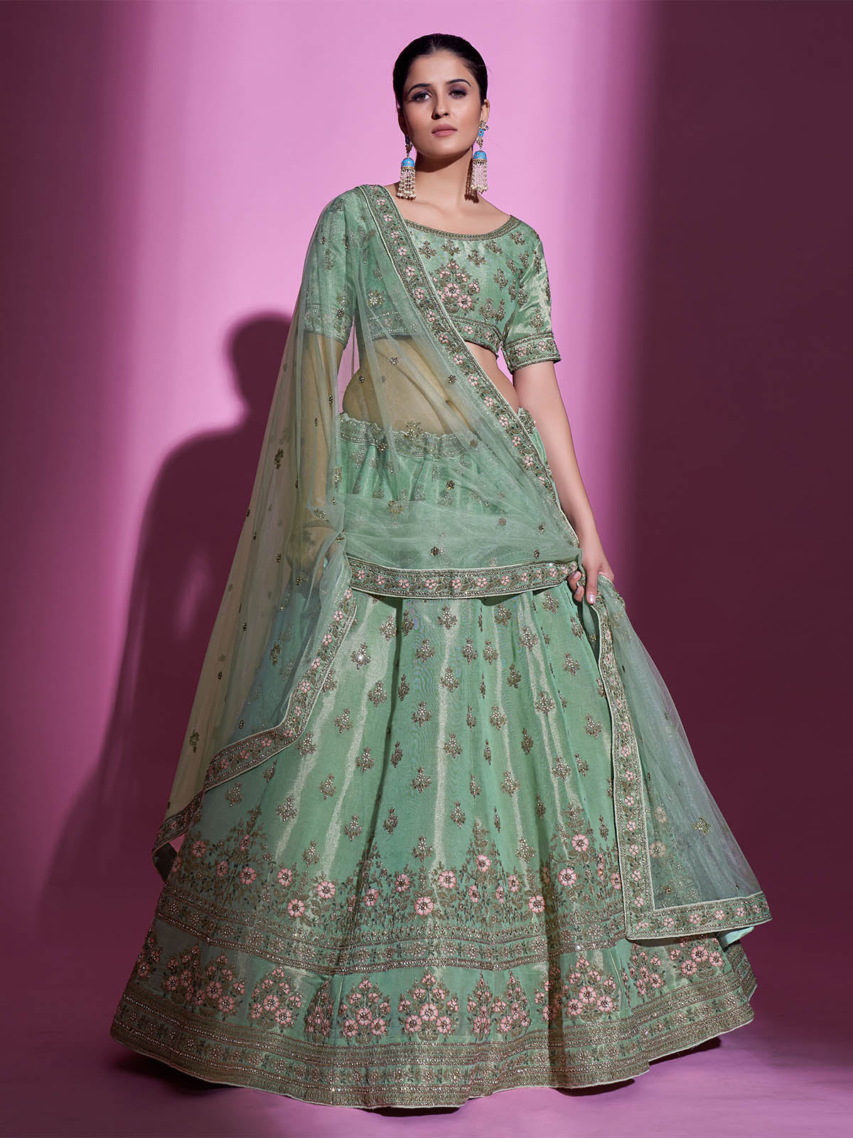Green Silk Blend Embroidered Semi Stitched Lehenga With Unstitched Blouse Clothsvilla Main image