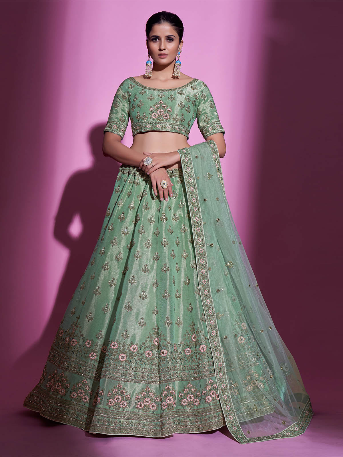 Green Silk Blend Embroidered Semi Stitched Lehenga With Unstitched Blouse Clothsvilla