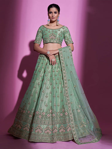 Green Silk Blend Embroidered Semi Stitched Lehenga With Unstitched Blouse Clothsvilla