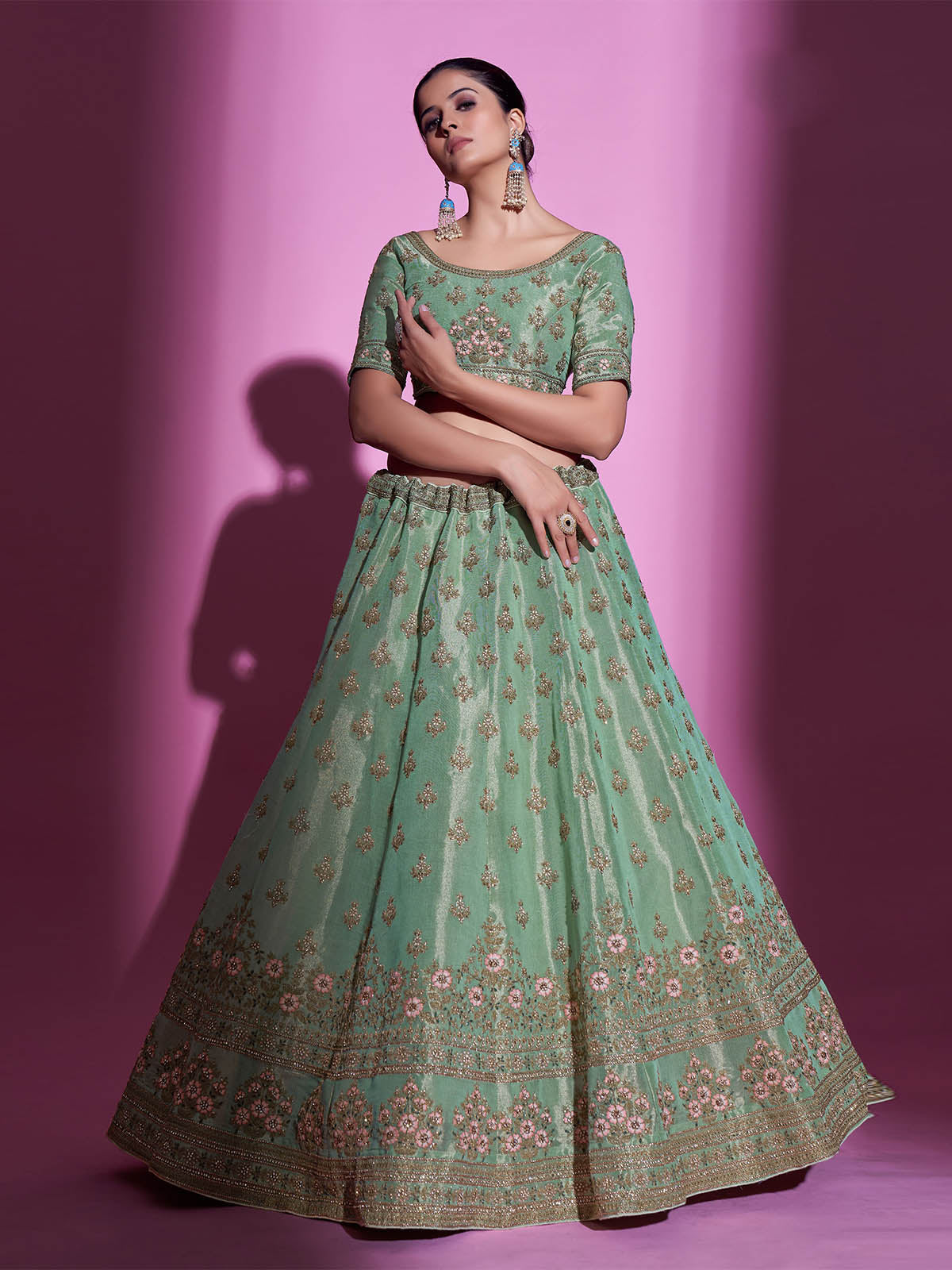 Green Silk Blend Embroidered Semi Stitched Lehenga With Unstitched Blouse Clothsvilla