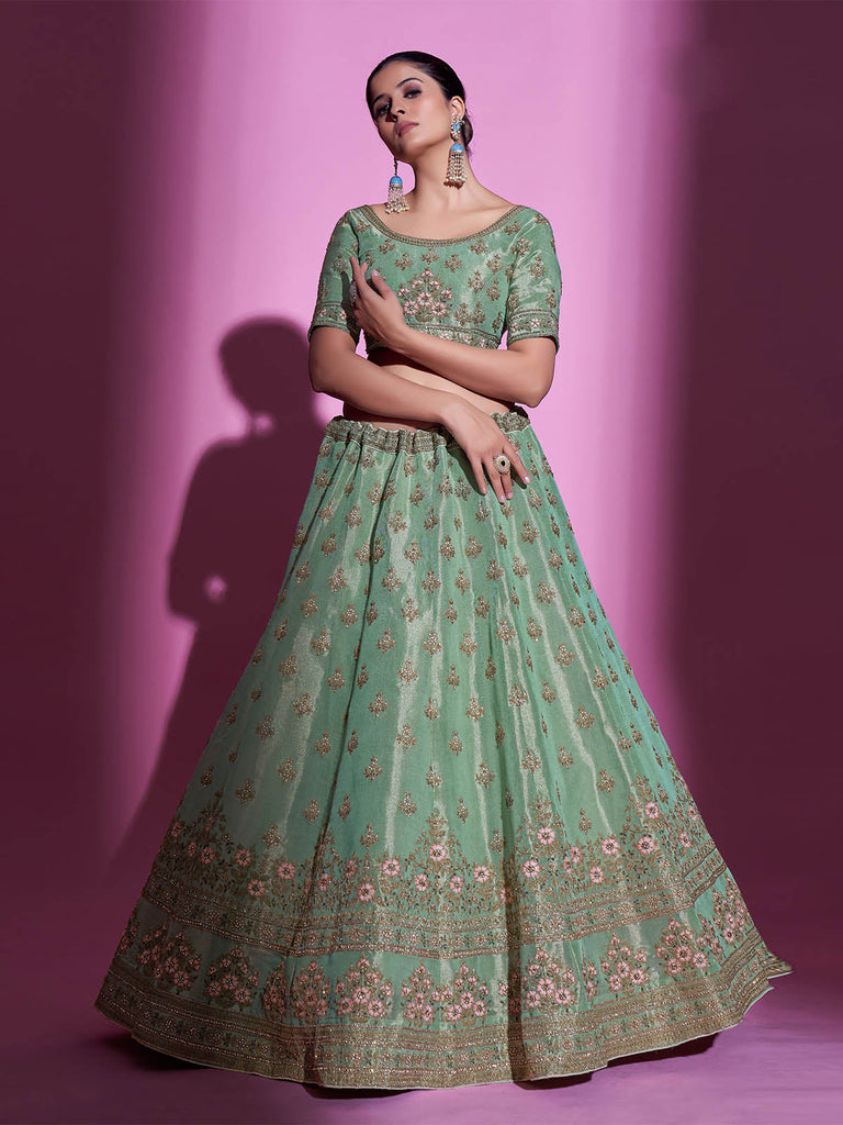 Green Silk Blend Embroidered Semi Stitched Lehenga With Unstitched Blouse Clothsvilla