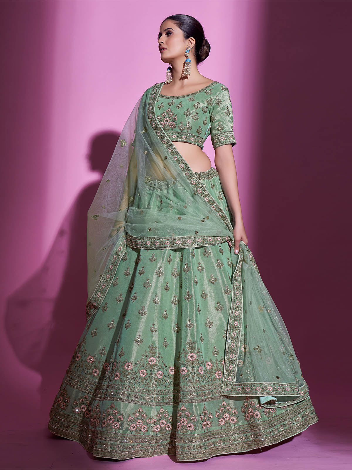 Green Silk Blend Embroidered Semi Stitched Lehenga With Unstitched Blouse Clothsvilla