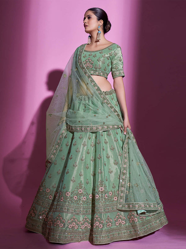 Green Silk Blend Embroidered Semi Stitched Lehenga With Unstitched Blouse Clothsvilla