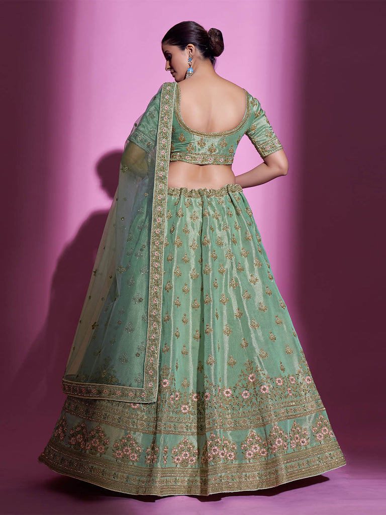 Green Silk Blend Embroidered Semi Stitched Lehenga With Unstitched Blouse Clothsvilla