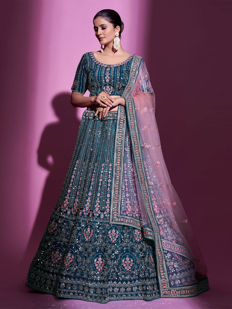 Teal Crepe Embroidered Semi Stitched Lehenga With Unstitched Blouse Clothsvilla