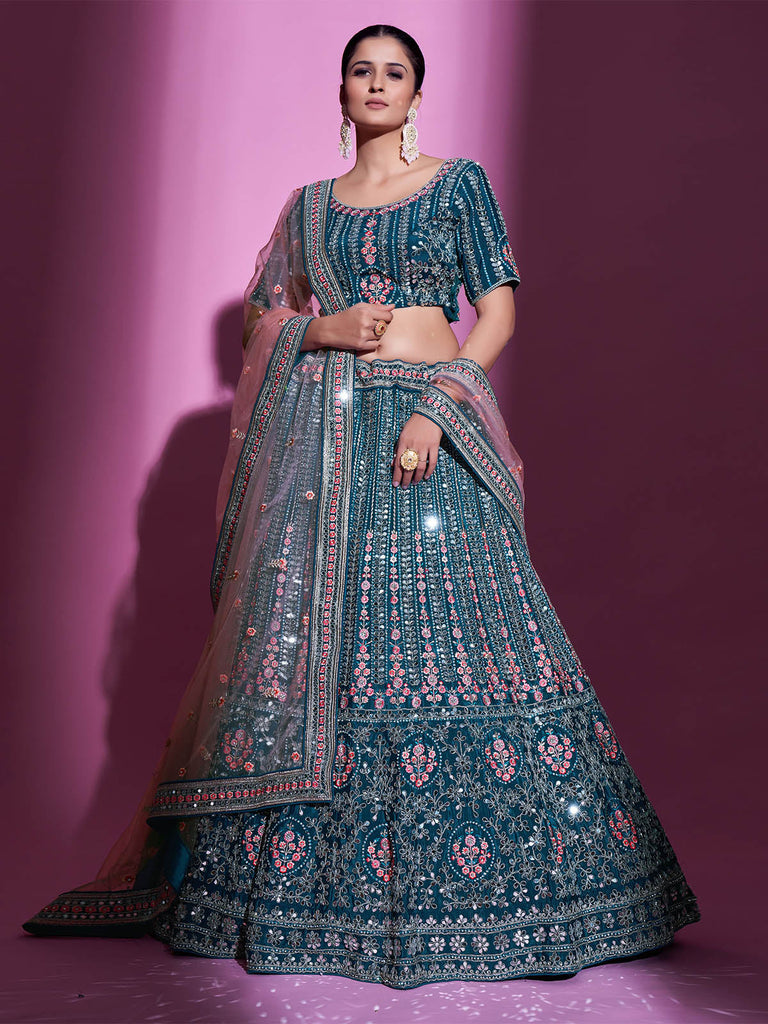 Teal Crepe Embroidered Semi Stitched Lehenga With Unstitched Blouse Clothsvilla