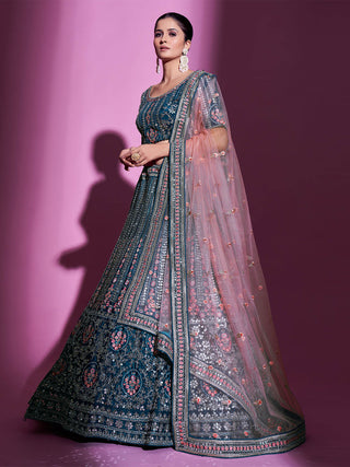 Teal Crepe Embroidered Semi Stitched Lehenga With Unstitched Blouse Clothsvilla