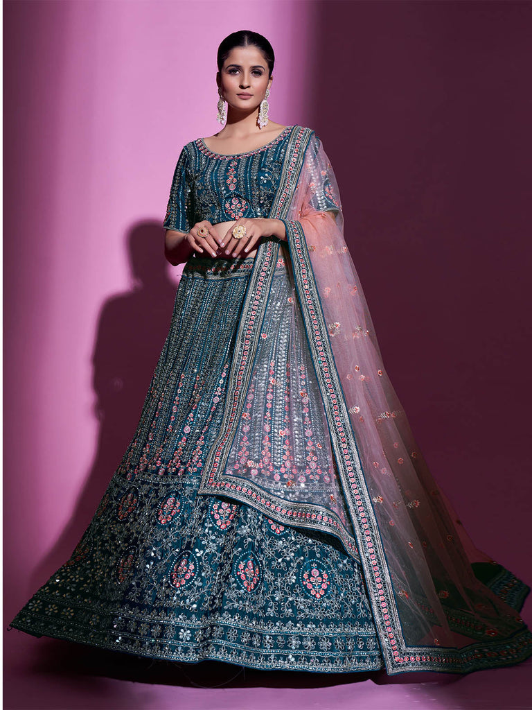 Teal Crepe Embroidered Semi Stitched Lehenga With Unstitched Blouse Clothsvilla