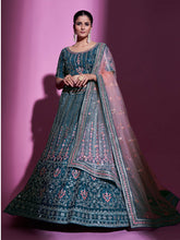 Load image into Gallery viewer, Teal Crepe Embroidered Semi Stitched Lehenga With Unstitched Blouse Clothsvilla