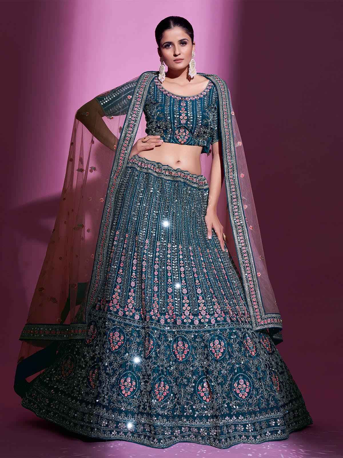 Teal Crepe Embroidered Semi Stitched Lehenga With Unstitched Blouse Clothsvilla