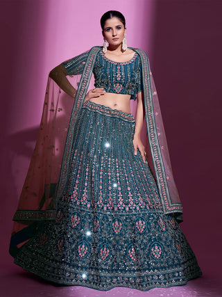Teal Crepe Embroidered Semi Stitched Lehenga With Unstitched Blouse Clothsvilla