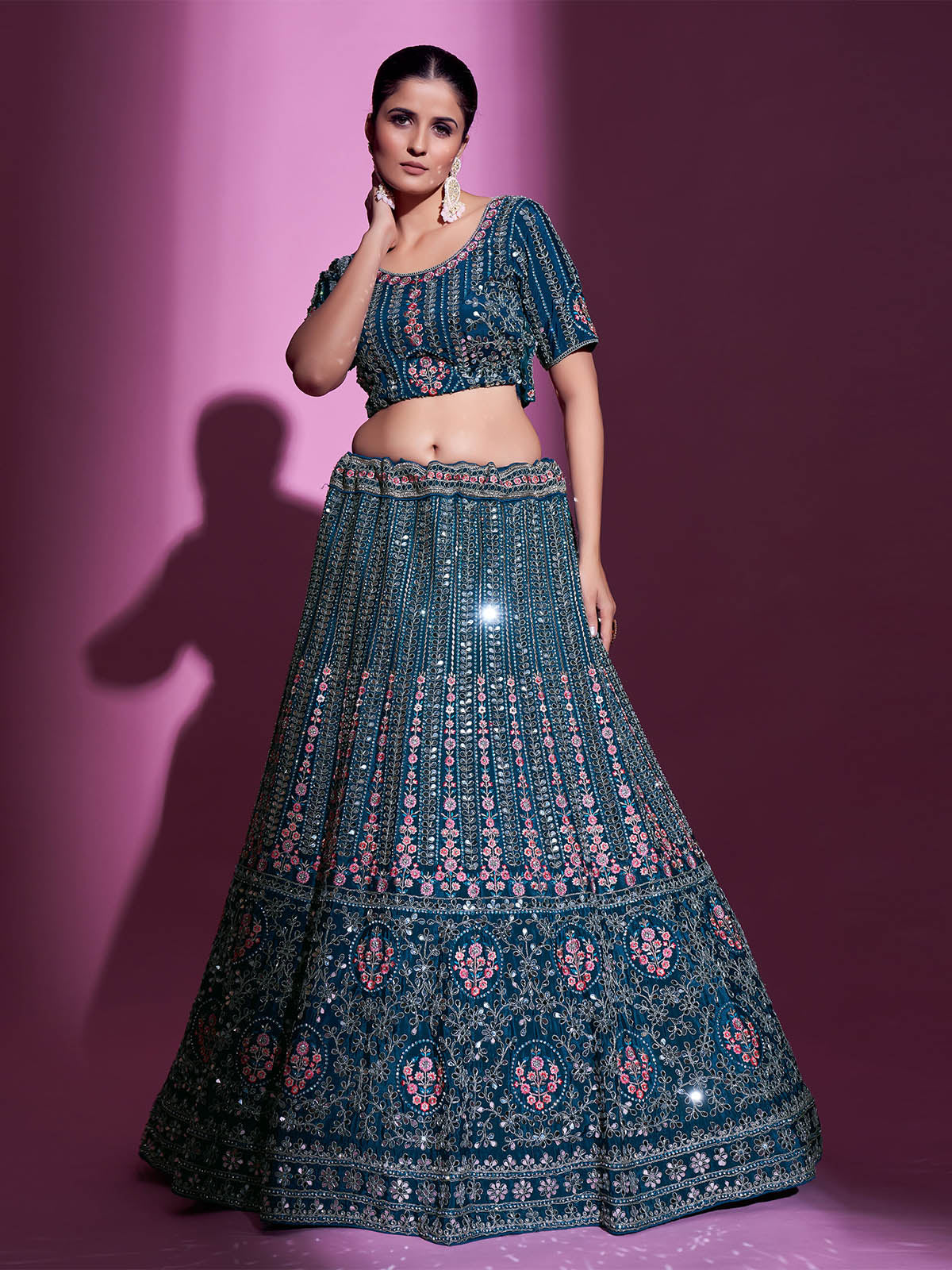 Teal Crepe Embroidered Semi Stitched Lehenga With Unstitched Blouse Clothsvilla