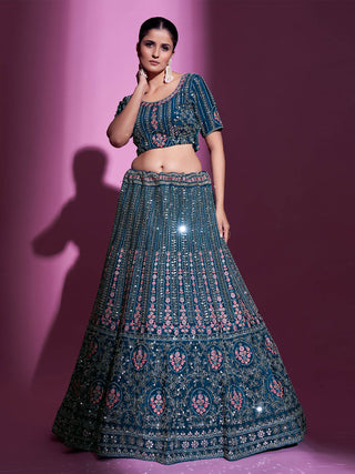 Teal Crepe Embroidered Semi Stitched Lehenga With Unstitched Blouse Clothsvilla