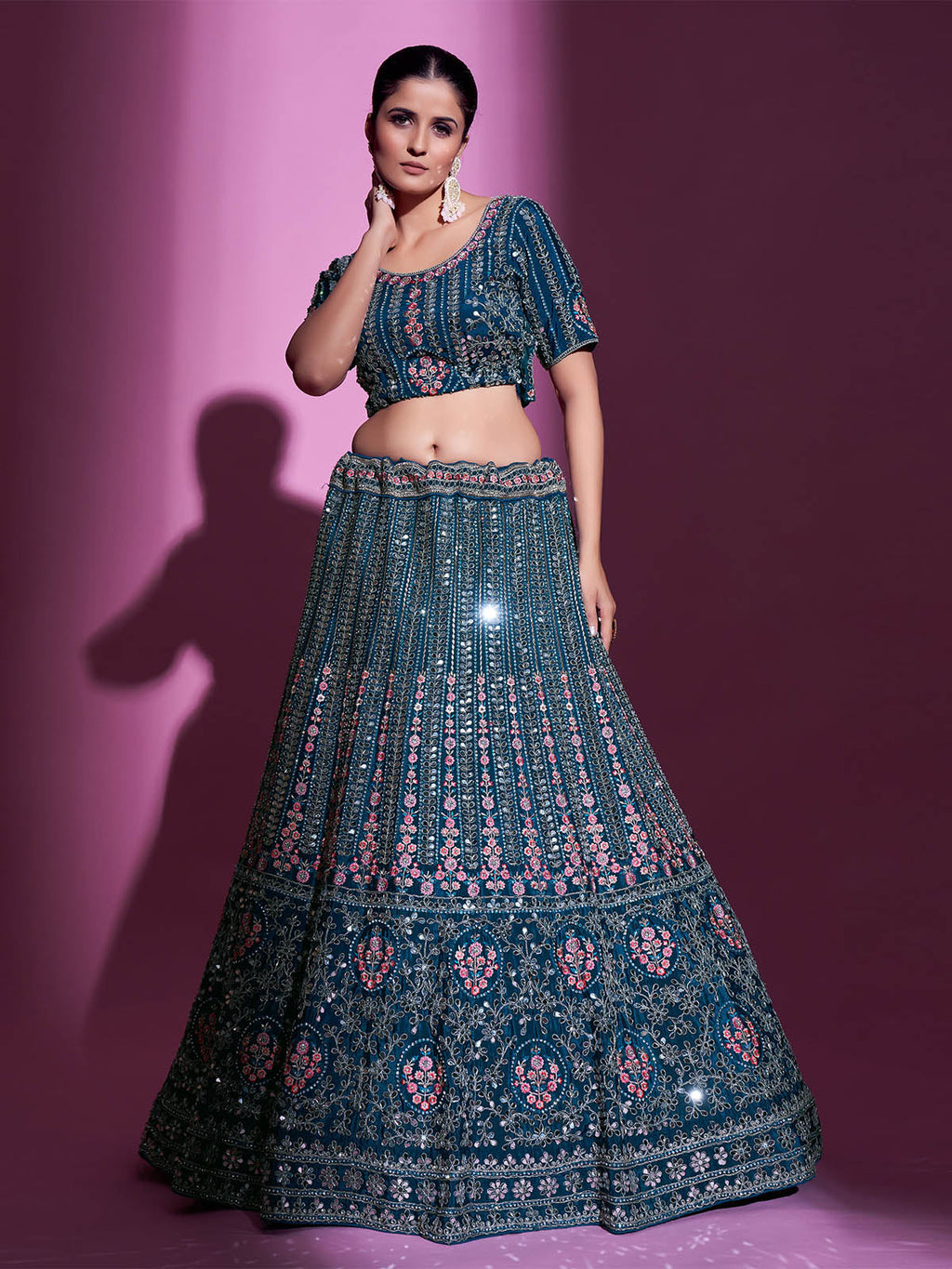 Teal Crepe Embroidered Semi Stitched Lehenga With Unstitched Blouse Clothsvilla