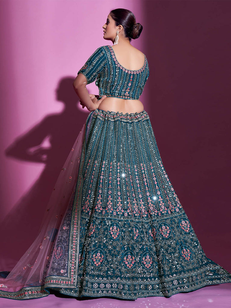 Teal Crepe Embroidered Semi Stitched Lehenga With Unstitched Blouse Clothsvilla