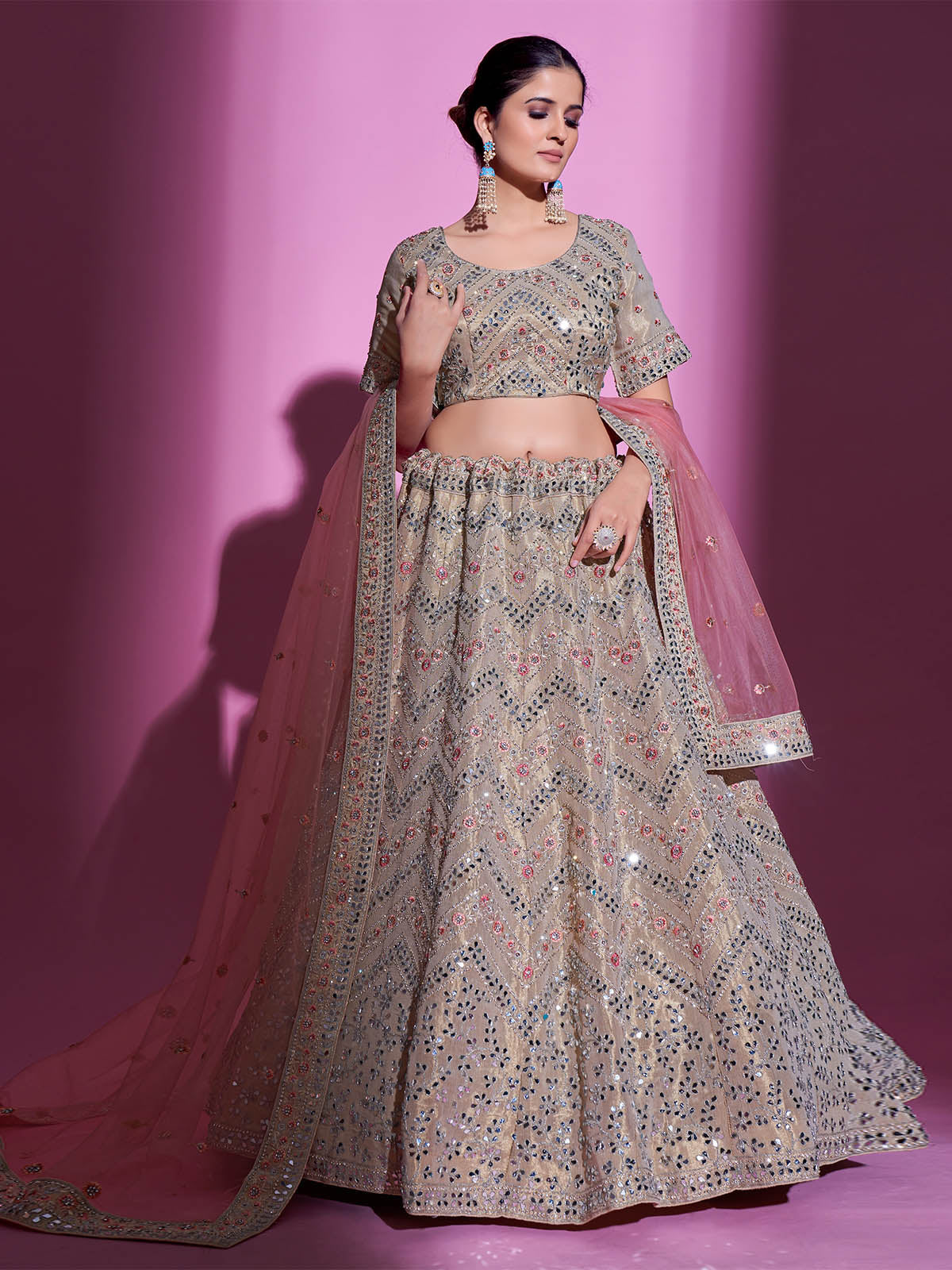 Beige Silk Blend Embroidered Semi Stitched Lehenga With Unstitched Blouse Clothsvilla