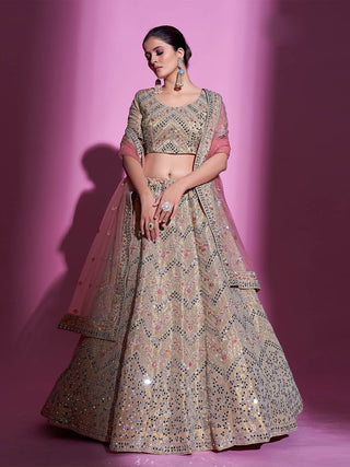 Beige Silk Blend Embroidered Semi Stitched Lehenga With Unstitched Blouse Clothsvilla