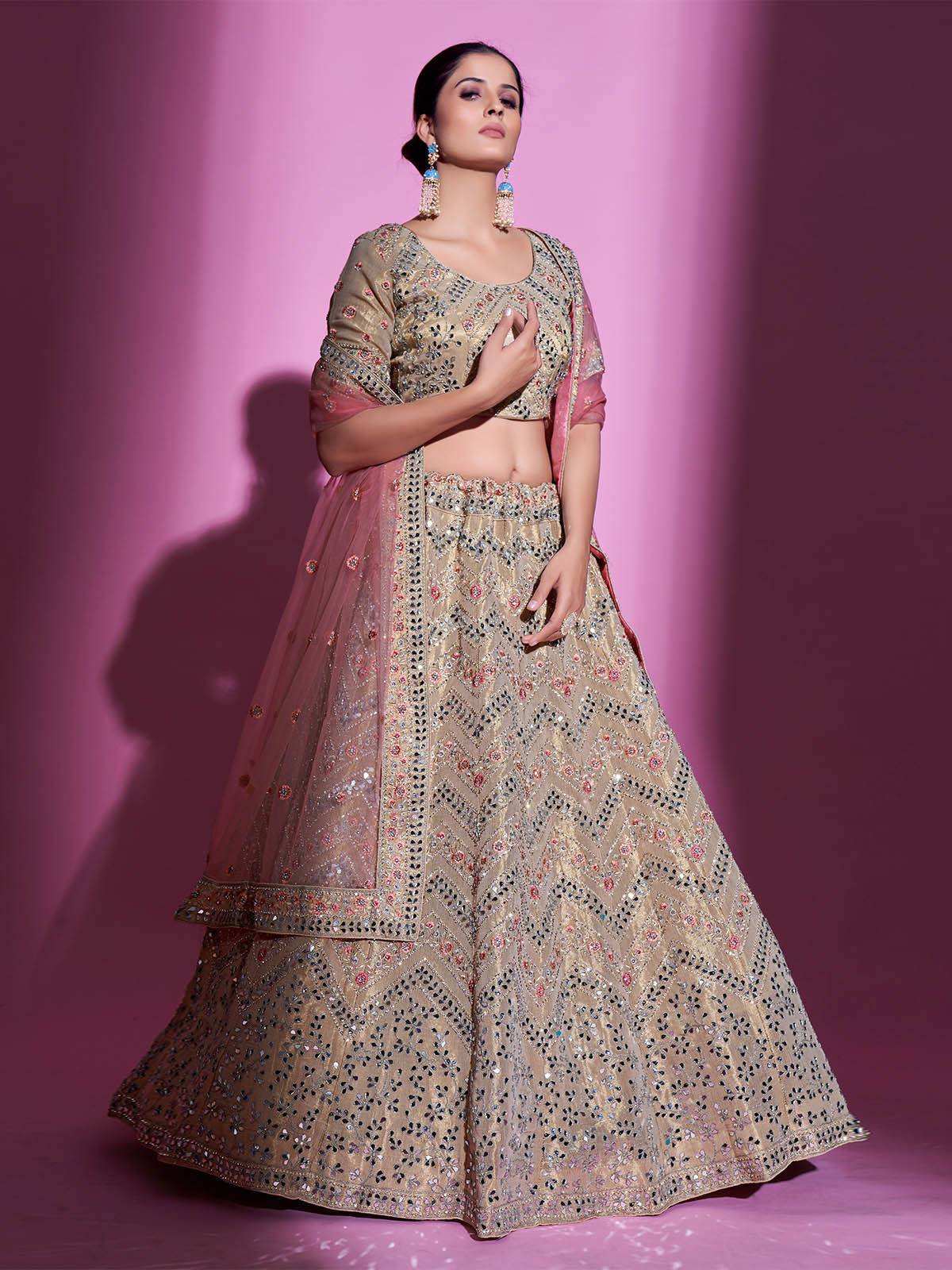 Beige Silk Blend Embroidered Semi Stitched Lehenga With Unstitched Blouse Clothsvilla