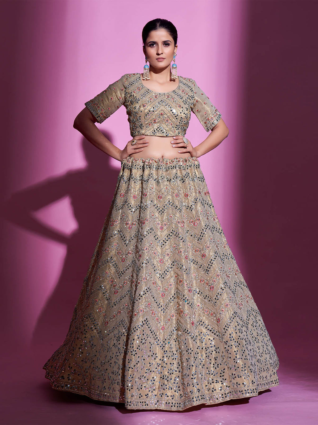 Beige Silk Blend Embroidered Semi Stitched Lehenga With Unstitched Blouse Clothsvilla