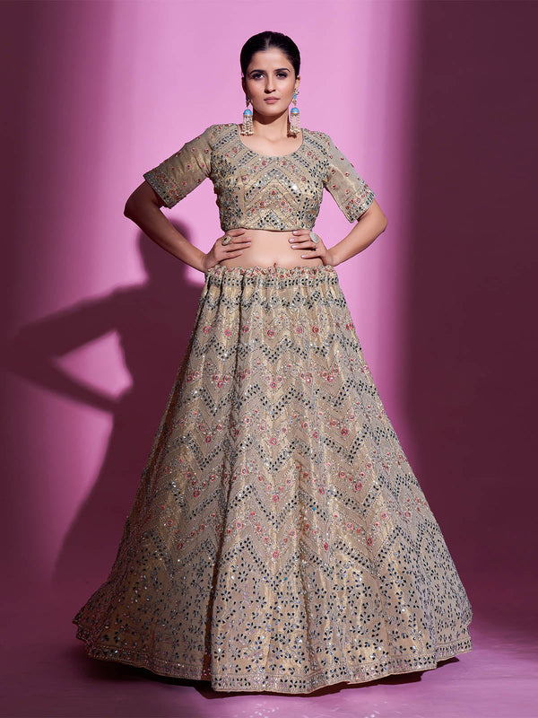 Beige Silk Blend Embroidered Semi Stitched Lehenga With Unstitched Blouse Clothsvilla