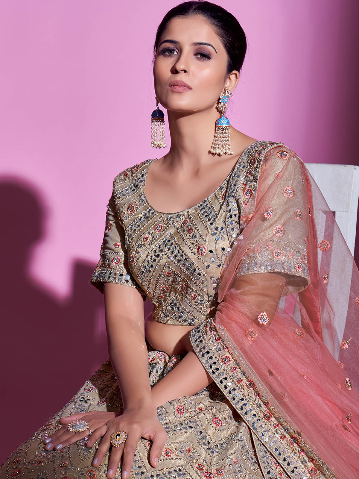 Beige Silk Blend Embroidered Semi Stitched Lehenga With Unstitched Blouse Clothsvilla