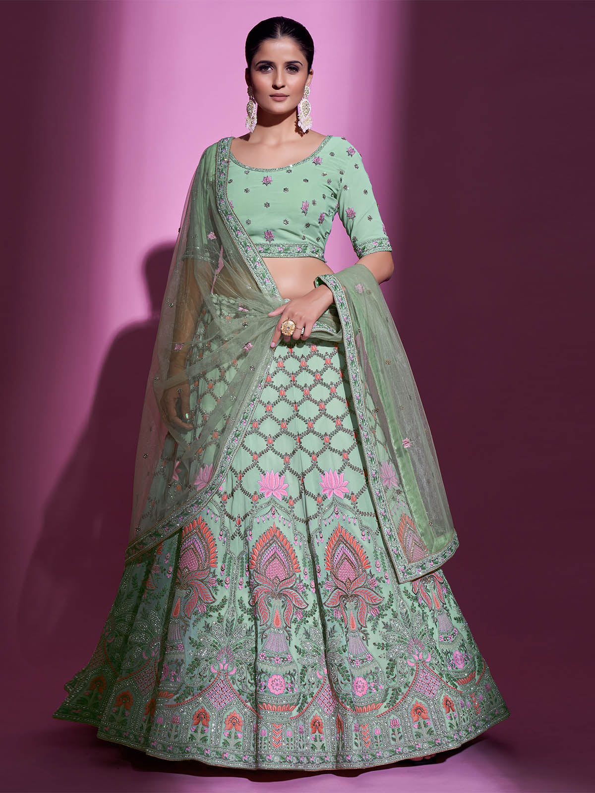 Sea Green Georgette Embroidered Semi Stitched Lehenga With Unstitched Blouse Clothsvilla Main image