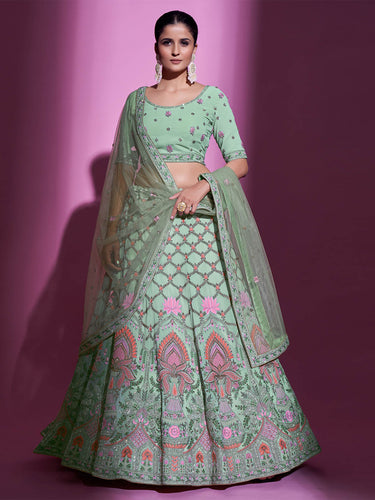 Sea Green Georgette Embroidered Semi Stitched Lehenga With Unstitched Blouse Clothsvilla