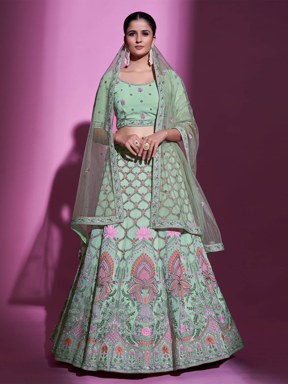 Sea Green Georgette Embroidered Semi Stitched Lehenga With Unstitched Blouse Clothsvilla