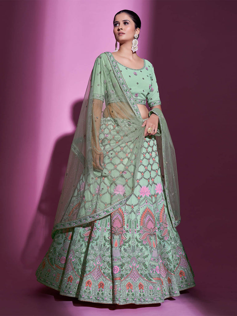 Sea Green Georgette Embroidered Semi Stitched Lehenga With Unstitched Blouse Clothsvilla