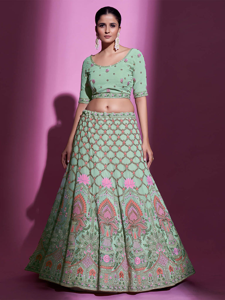 Sea Green Georgette Embroidered Semi Stitched Lehenga With Unstitched Blouse Clothsvilla