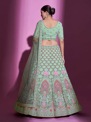 Sea Green Georgette Embroidered Semi Stitched Lehenga With Unstitched Blouse Clothsvilla
