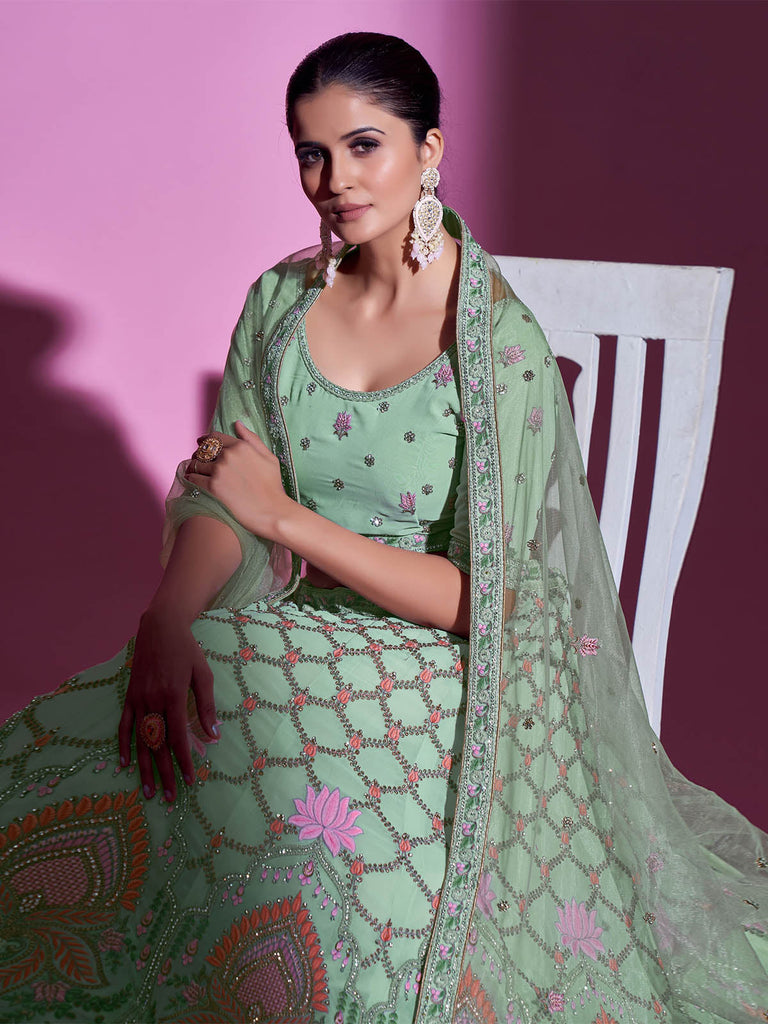 Sea Green Georgette Embroidered Semi Stitched Lehenga With Unstitched Blouse Clothsvilla